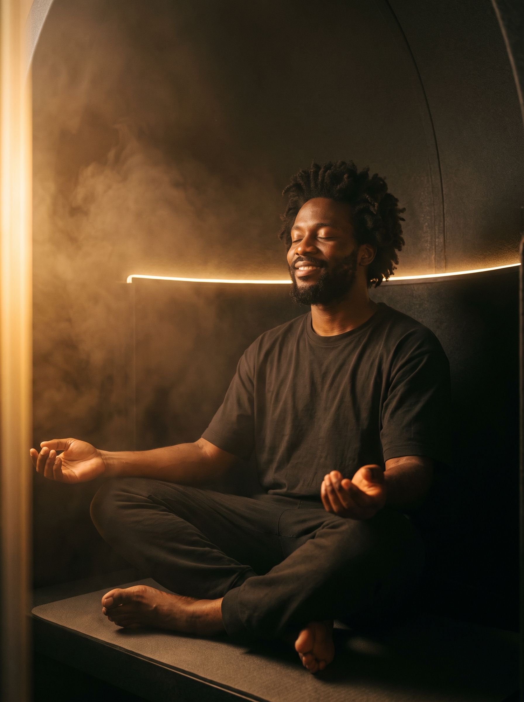 Man seated in meditation in soft amber light