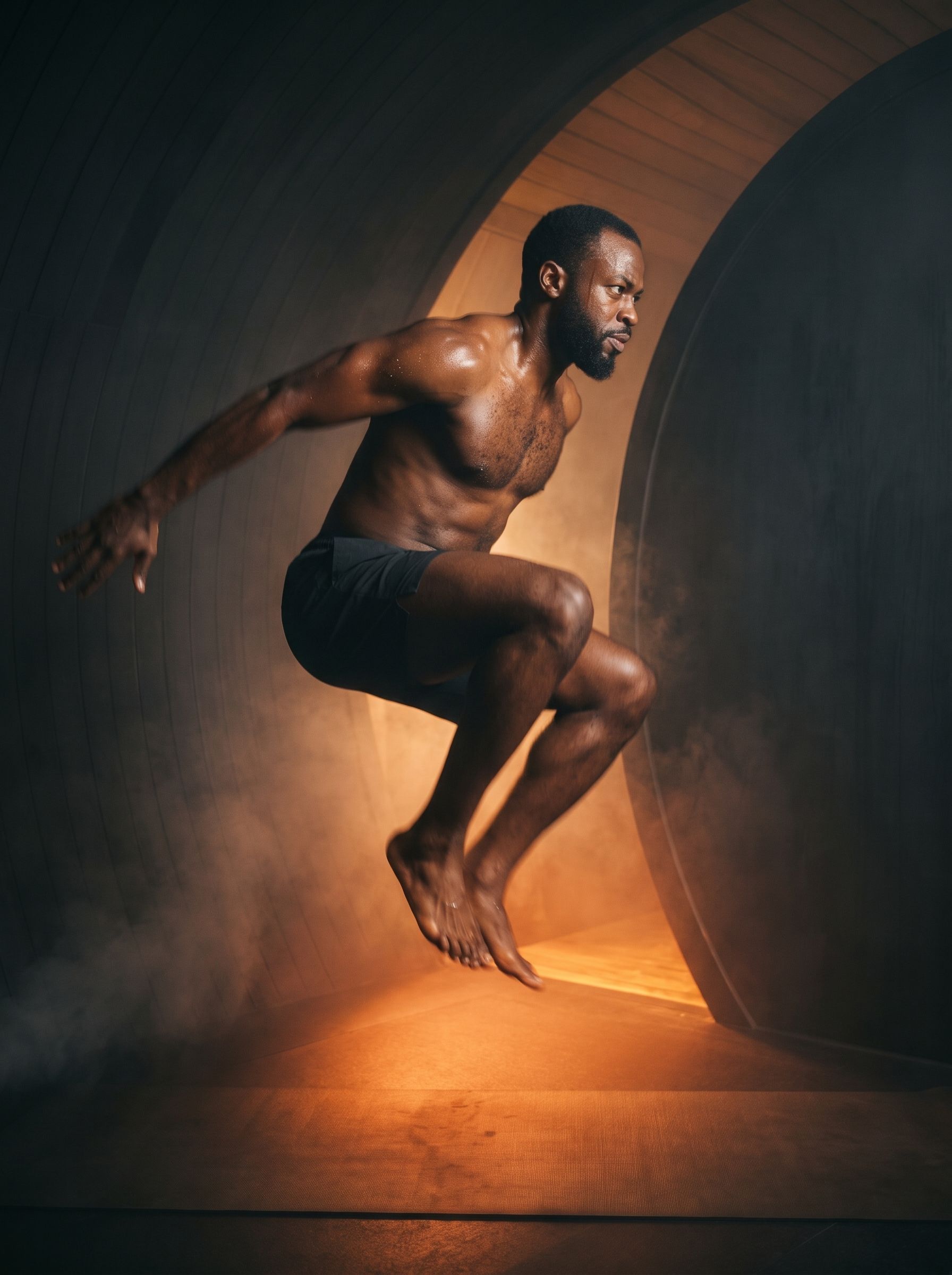 Man mid jump-squat in the warm light of the pod