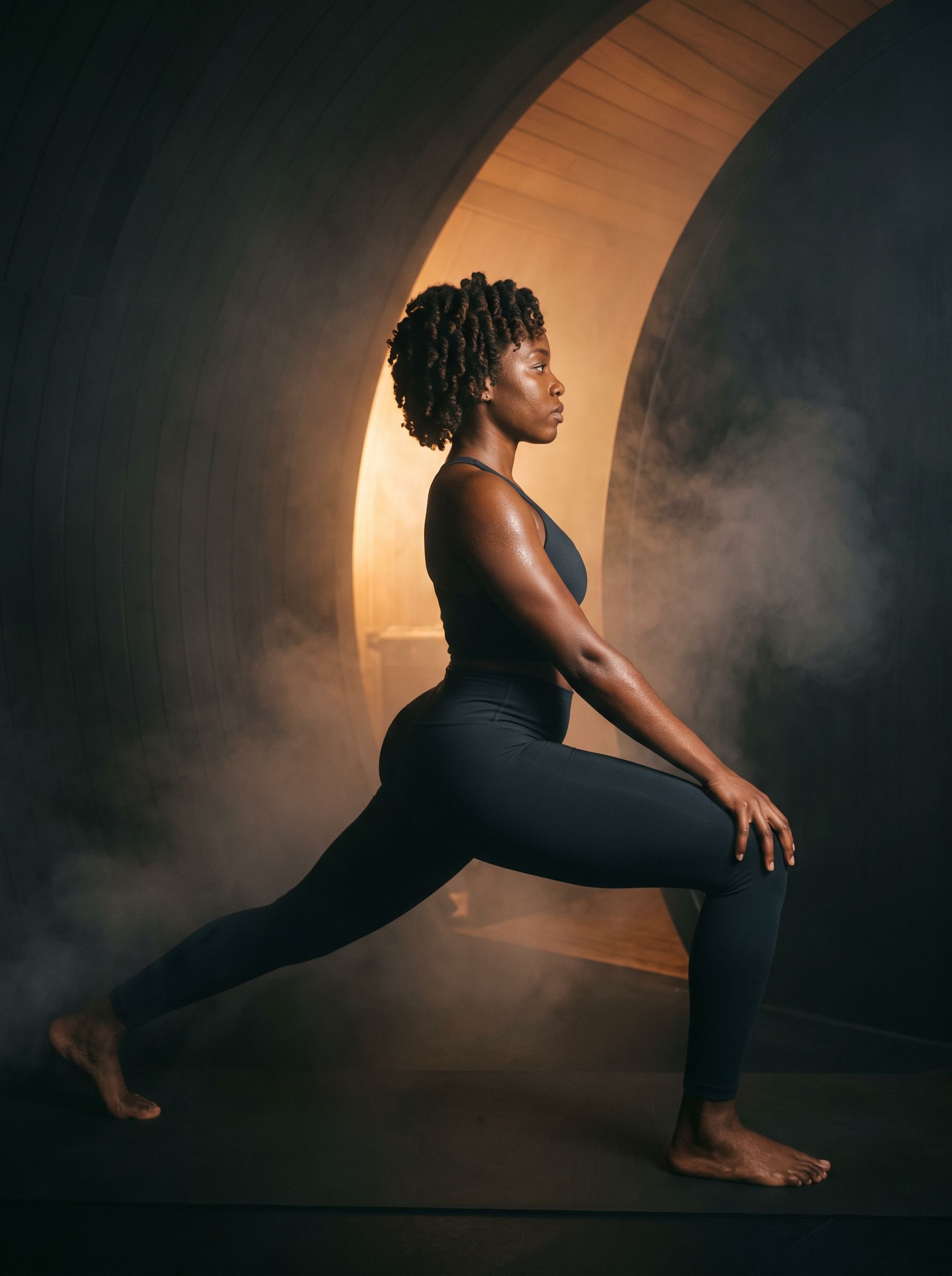 Woman holding a crescent lunge in the warm light of the pod