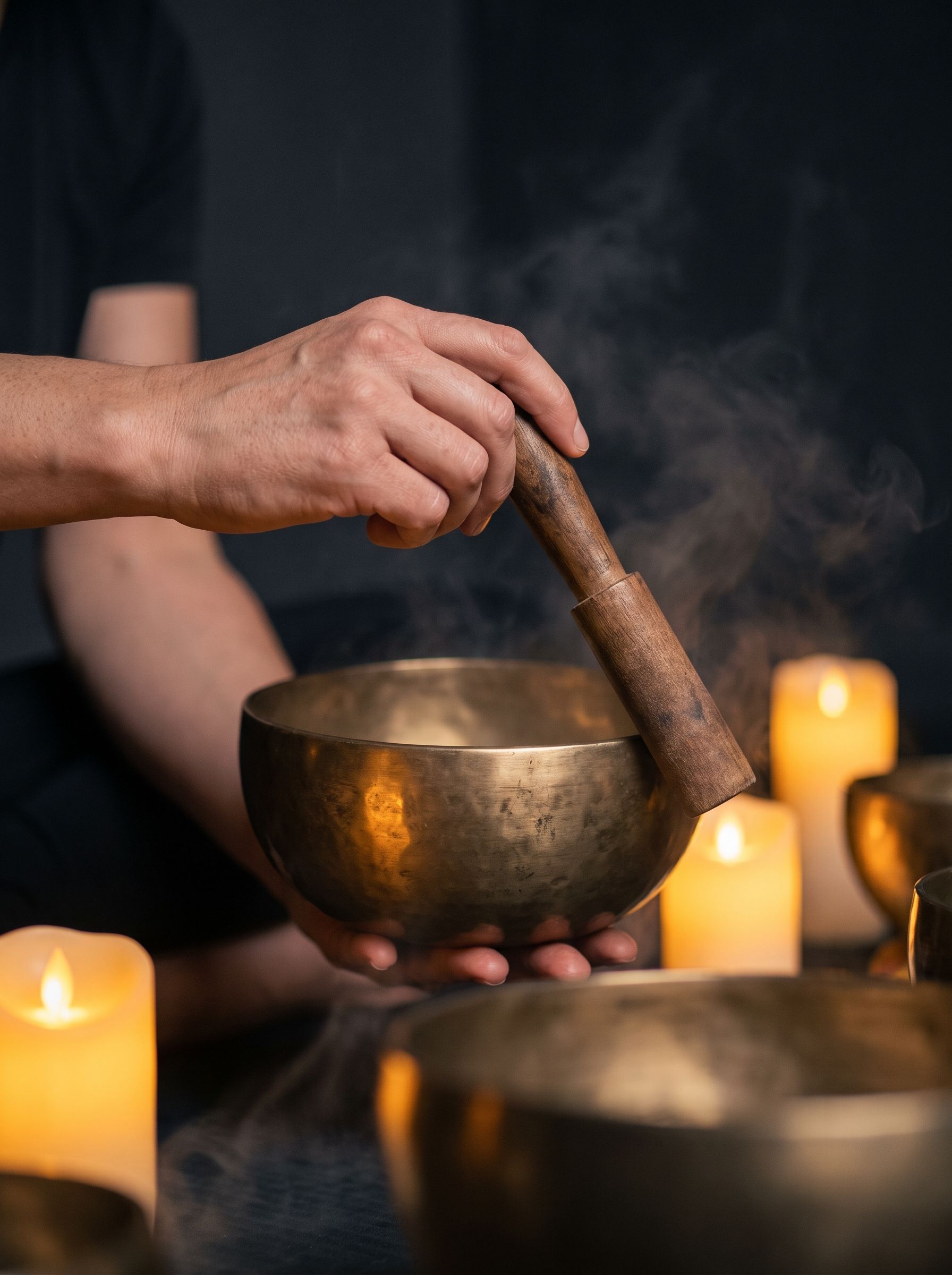 Hands playing a singing bowl in candle-like light