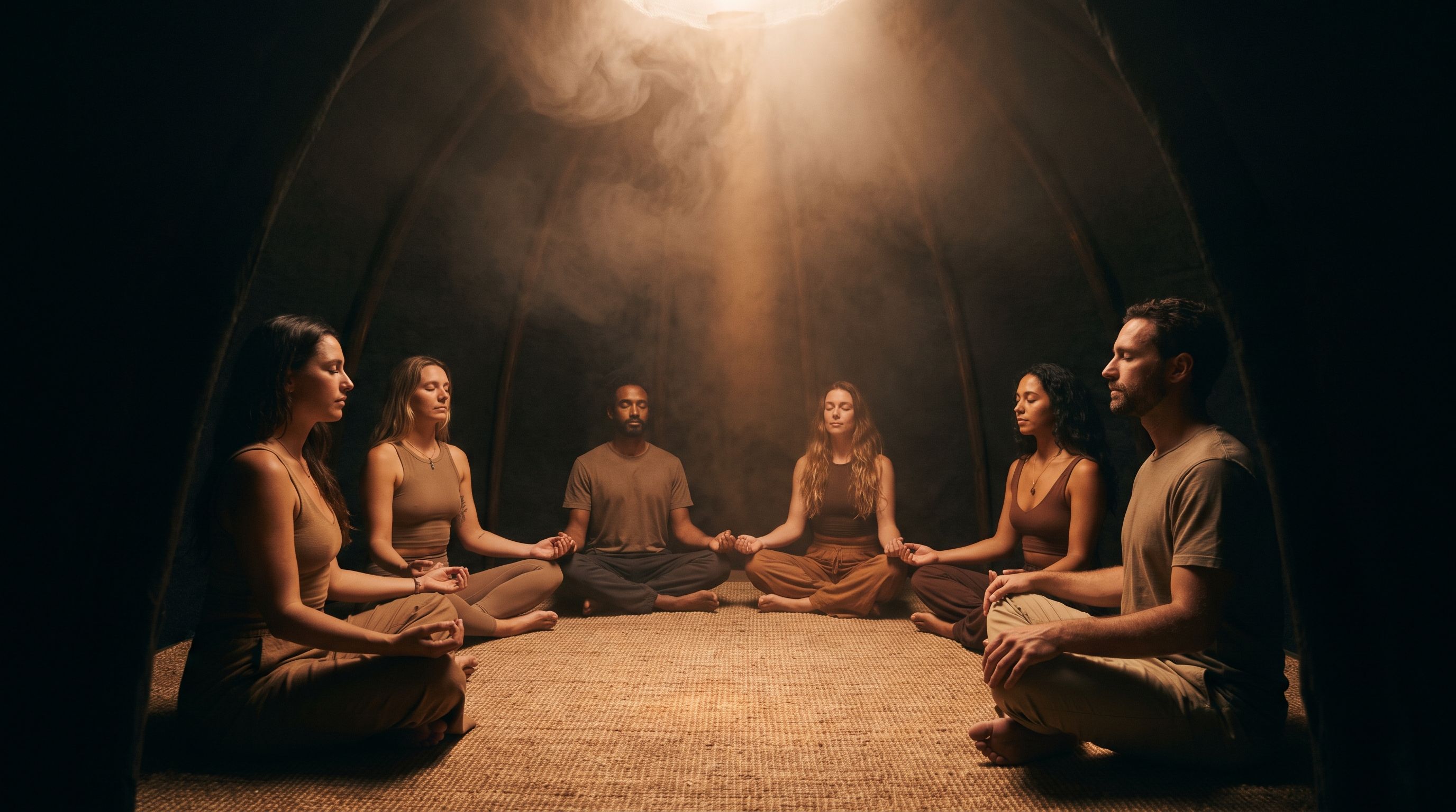 A meditation circle seated in soft light inside the pod