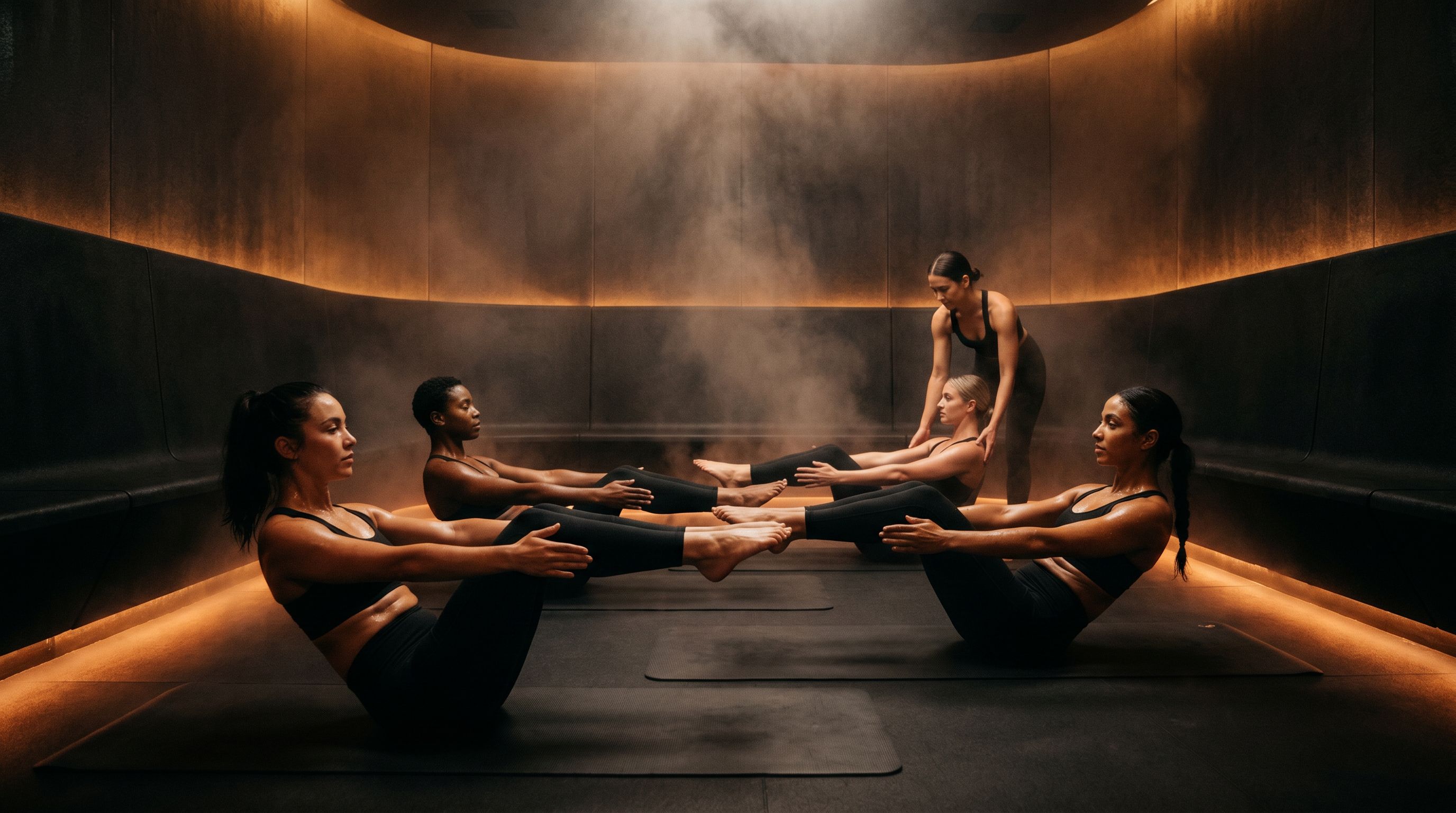 A hot mat pilates class holding the teaser inside the pod