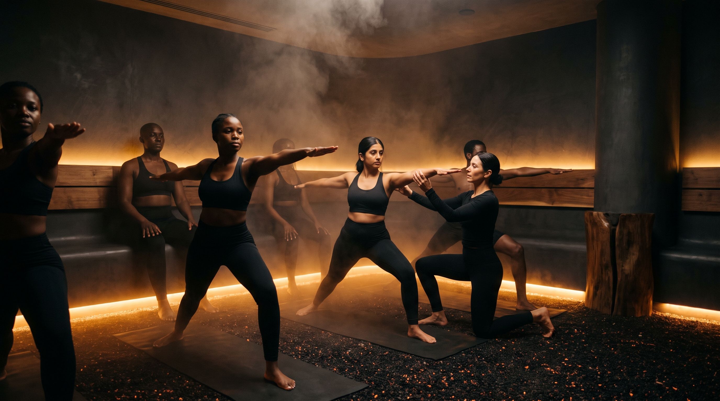 A hot yoga class flowing through warrior poses inside the pod