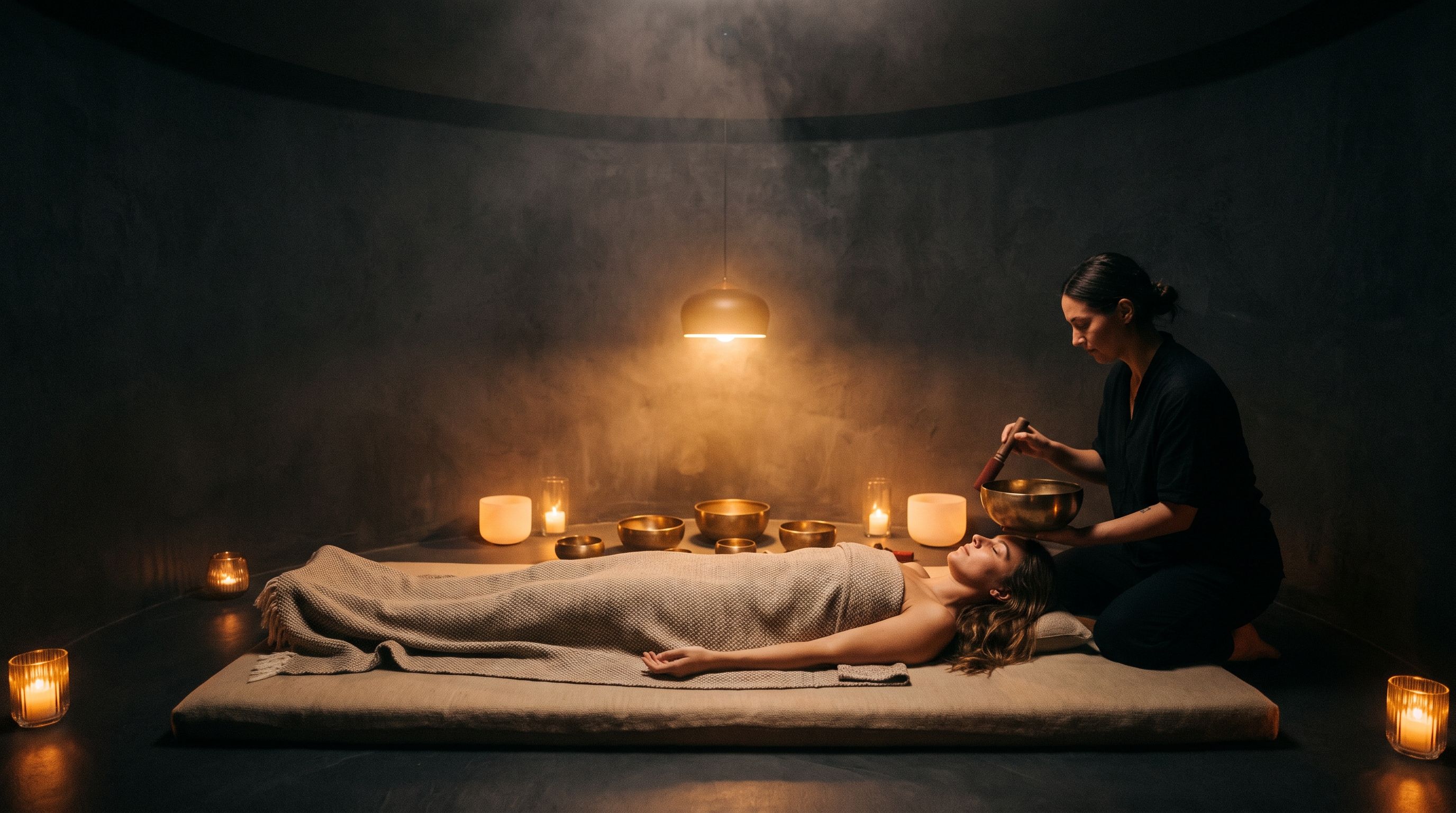 A sound healing session with singing bowls and candlelight