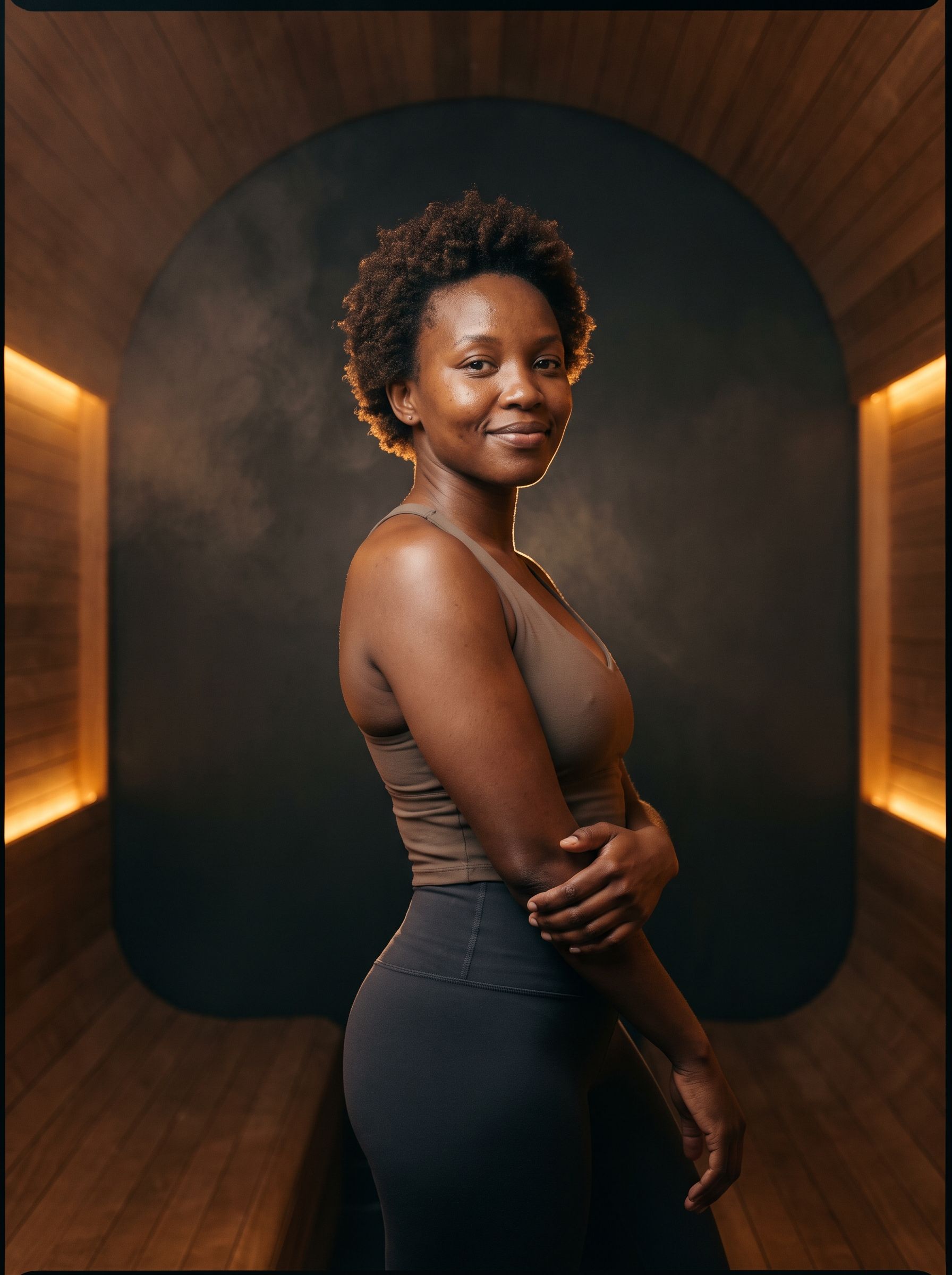 Portrait of a yoga instructor in the warm light of the pod