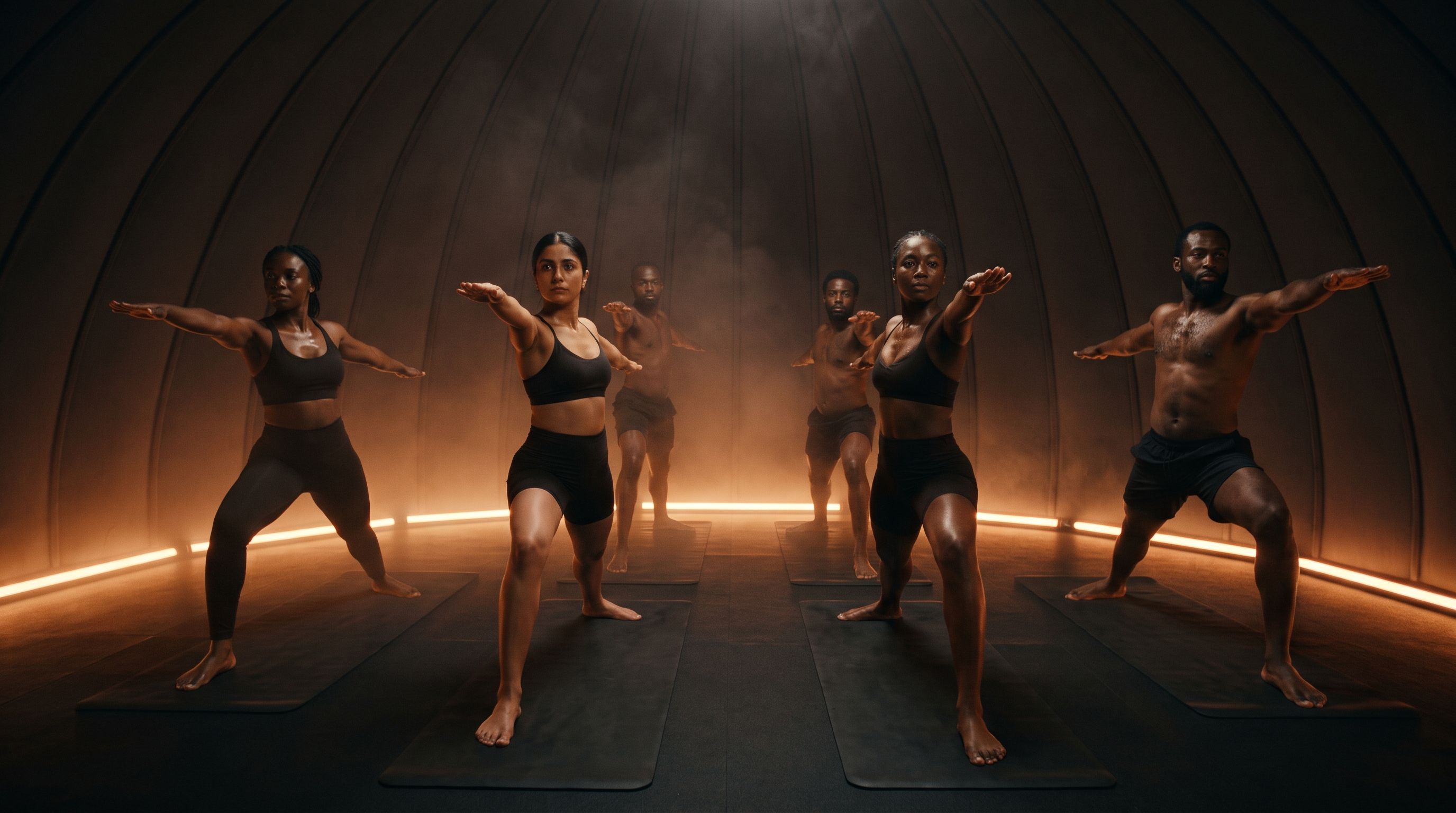 Inside the pod: a hot yoga class mid-flow in warm amber light