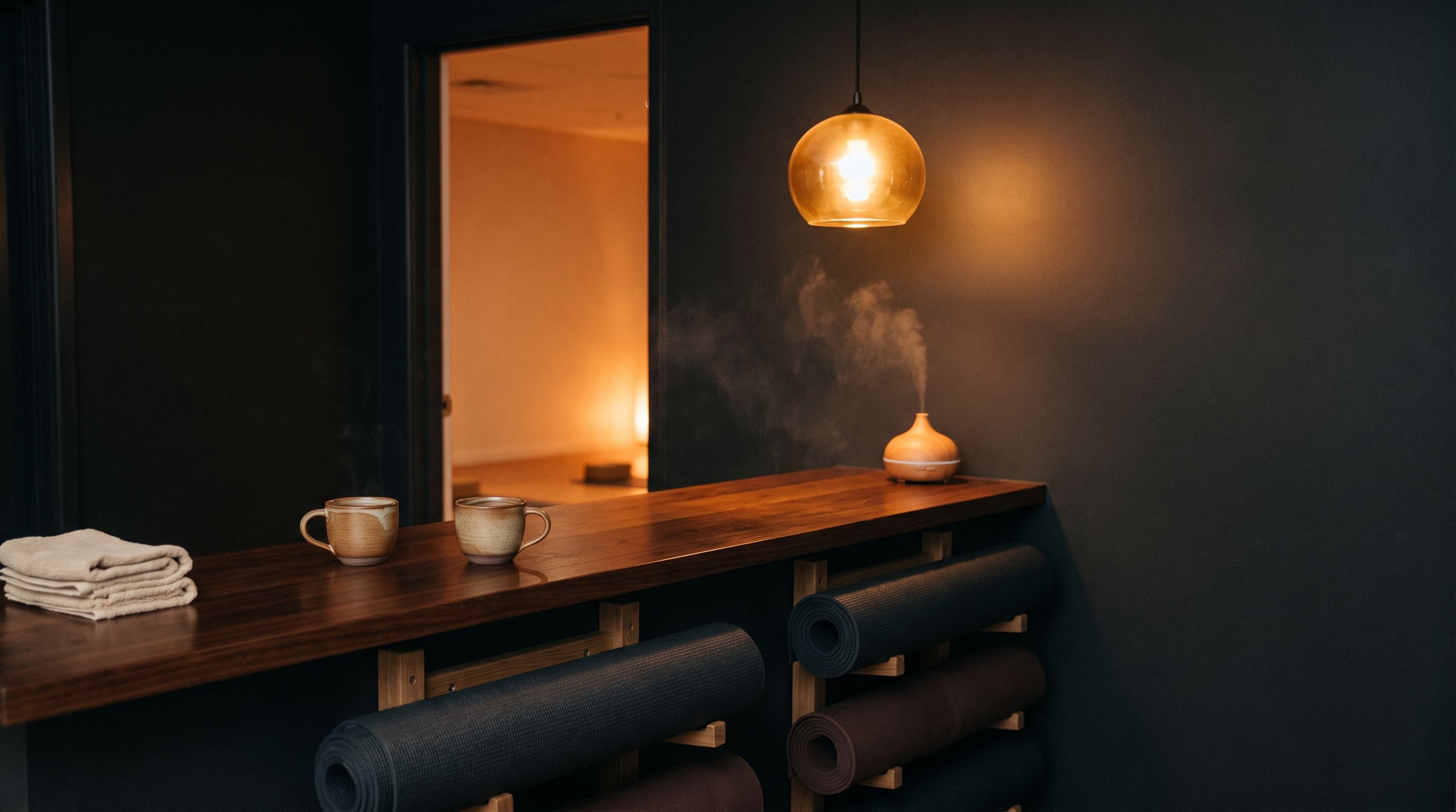 The studio reception: coffee, rolled mats and towels in warm light