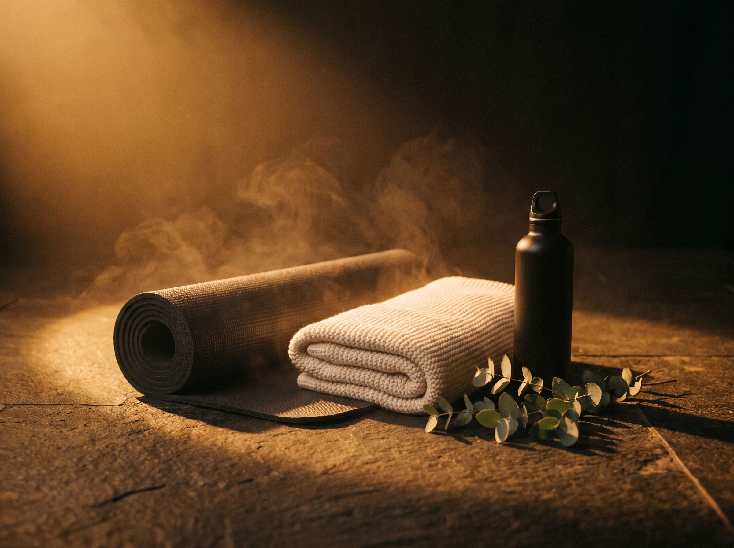 A rolled mat, folded towel and water bottle in a pool of warm light